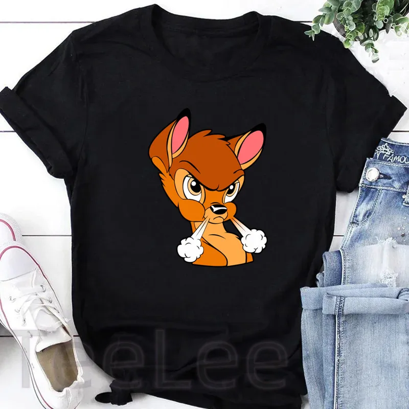 Bambi T Shirt Women Printed Rabbit Graphic Deer Tees Anime Punk Black T-shirt Cartoon Tops Casual Female Tshirt Clothing