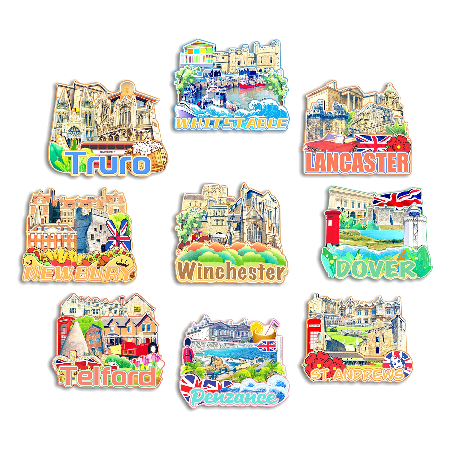 Winchester Andrews Penzance Telford Dover Newbury Lancaster Iruro Whitstable UK Fridge Magnet Travel Souvenir Gift