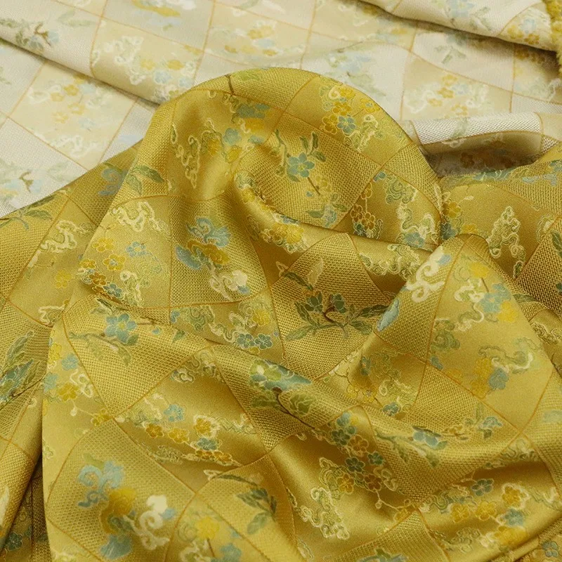 

New spring style printed yellow base silk jacquard fabric for Chinese-style cheongsam and Hanfu