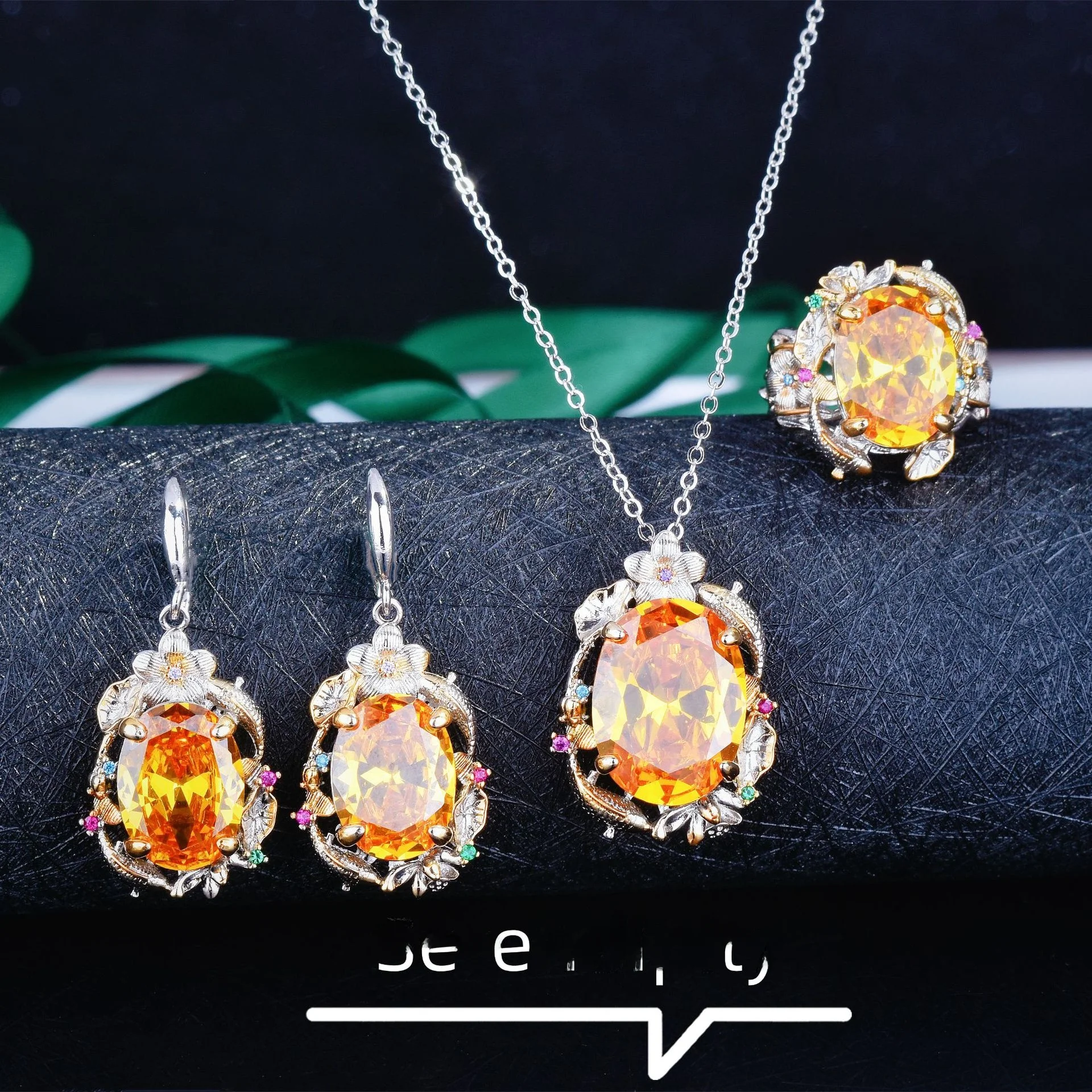 

Young Vintage Court Sle Double Fi Lotus Yellow Diamond Lotus Le Color Gem Pendant Earrings Open Ring Set