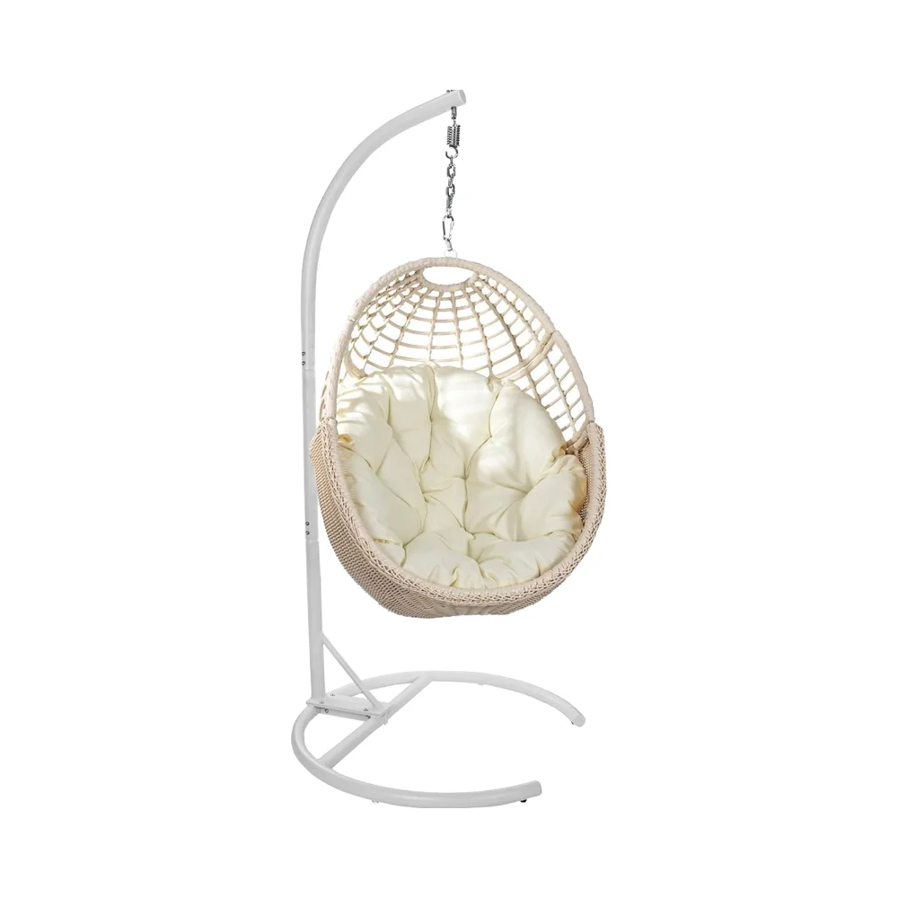 

Beige Outdoor Rattan Wicker Patio Swing Chair Metal Frame UV Resistant Cushion Hanging Egg Chair Stand for Indoor Bedroom
