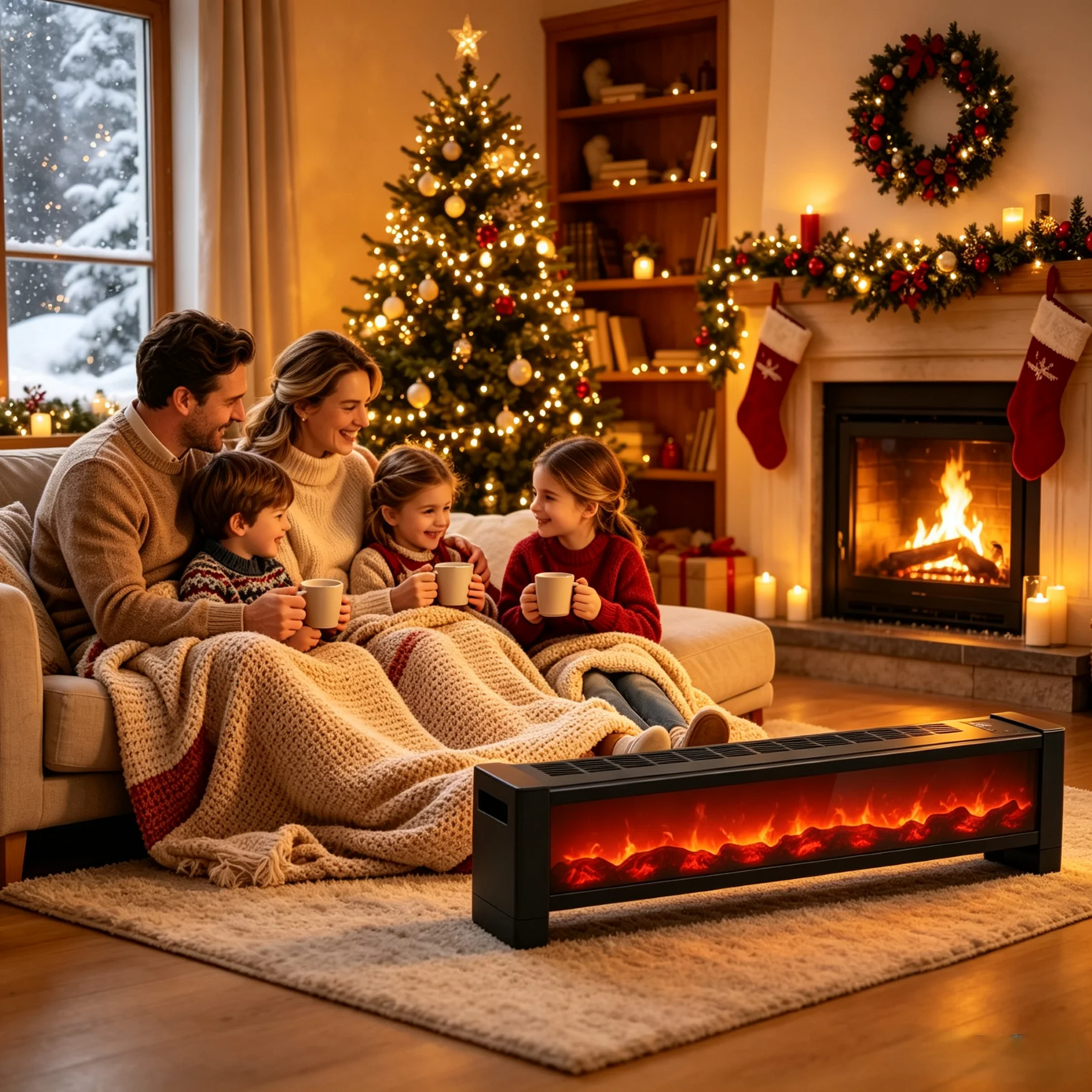 Baseboard Electric Fireplace Heater, Realistic LED Simulated Flame Effect Space Heater, Touch Control Timer Adjustable Heating Modes, Indoor Winter Warmer for Living Room Christmas Home Decor