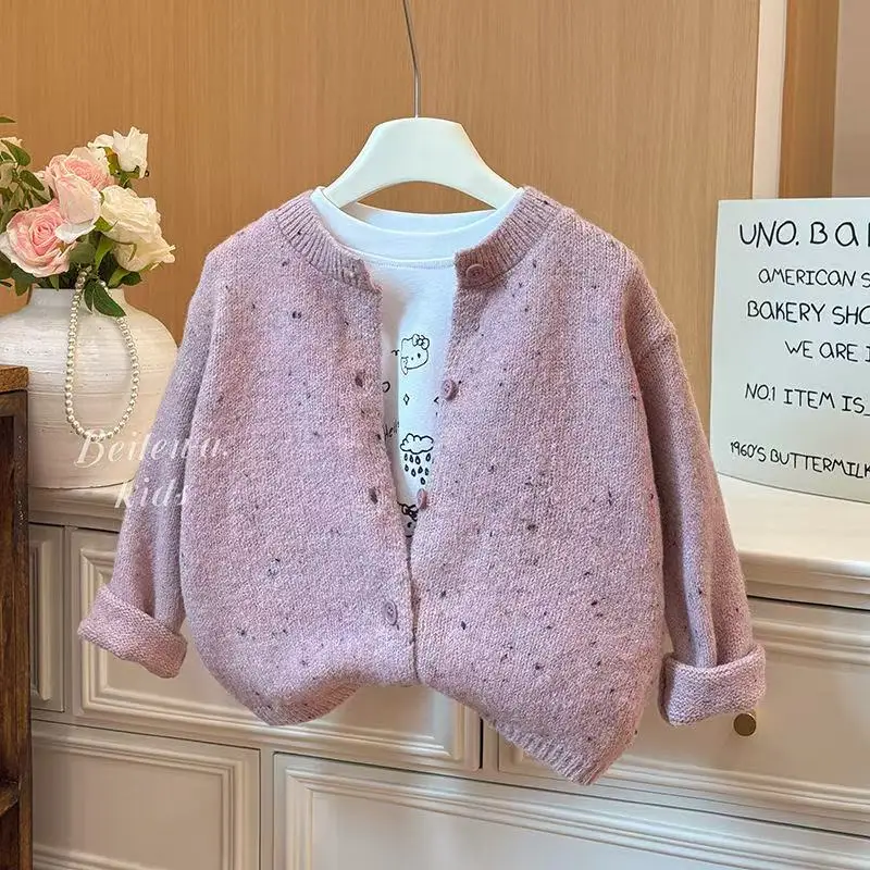 

2026 New Girls Autumn Winter Colourful Dots Knitted Cardigan Jacket Tops Female Baby Fashionable Fashionable Loose Casual jumper