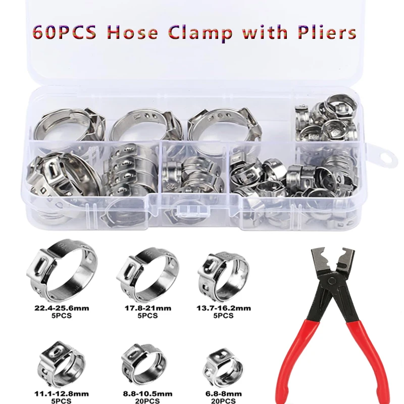 60pcs Single Hose Clips Ear Clamp Stainless Steel Hose Clamp Set Adjustable Gear Pipe Clamps Cinch Clamp Rings with Pliers