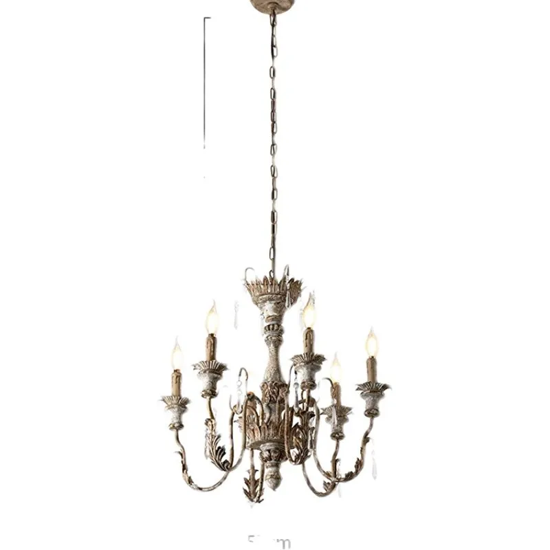 American Retro Old Solid Wood Carving Flower Chandelier French Country Candlestick Living Room Dining Room Bedroom Stair Lamp