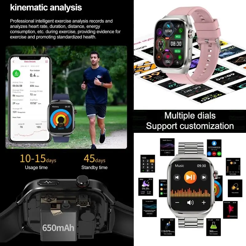 Montre intelligente de mesure précise pour hommes, sucre dans le sang, lipides, acide urique, ECG, tension artérielle, montre intelligente de santé