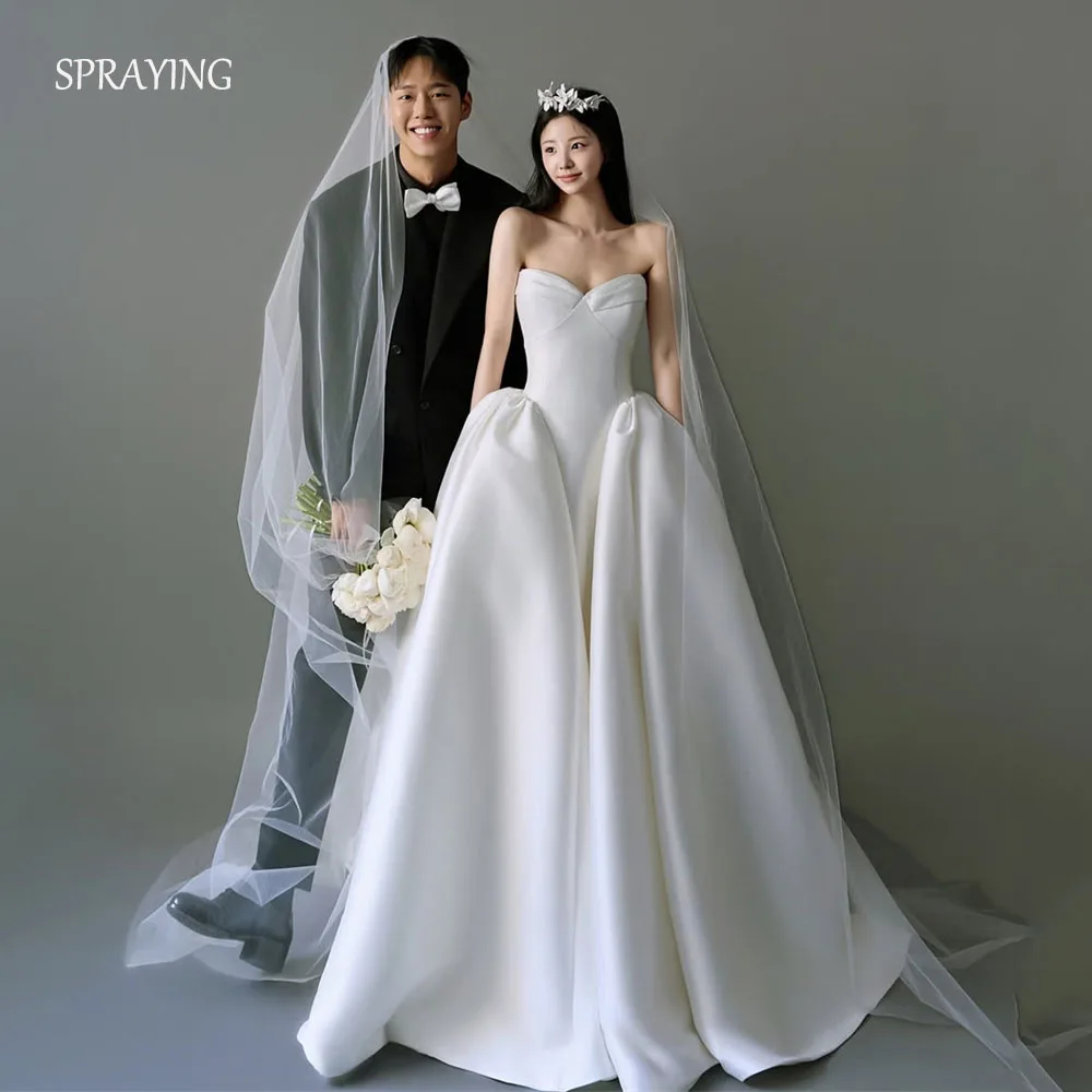 

SPRAYING Ivory Satin Wedding Dress Korea Photo Shoot Elegant Sweetheart Floor Length Bridal Gowns Corset Customized 웨딩드레스