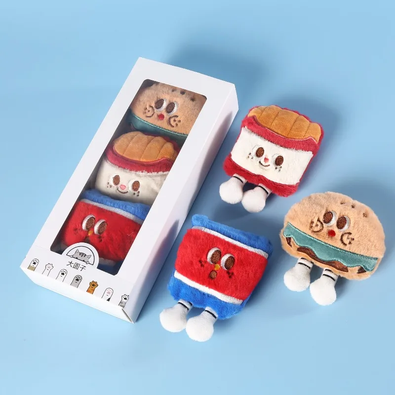 

2025 Hot Selling Pet Cat Cartoon Plush Toy with Built-in Catnip Bell To Relieve Boredom, Hamburger, Cola, French Fries Set Box