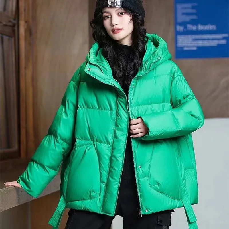 Short Down Jacket for Women, Warm Hooded Coats, Thick and Loose Outerwear, Monochrome, Casual and Fashionable, Winter