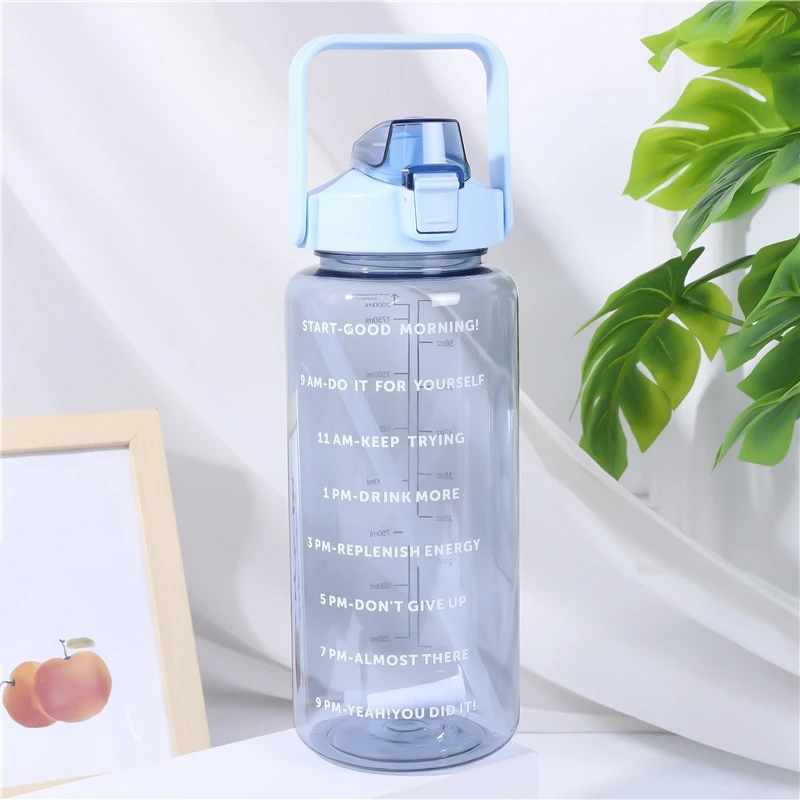 LUSQI 1PC Large Capacity 2000ML Water Bottle Leak-Proof With Straw&Handle With Time Marker For Outdoor Sports Fitness