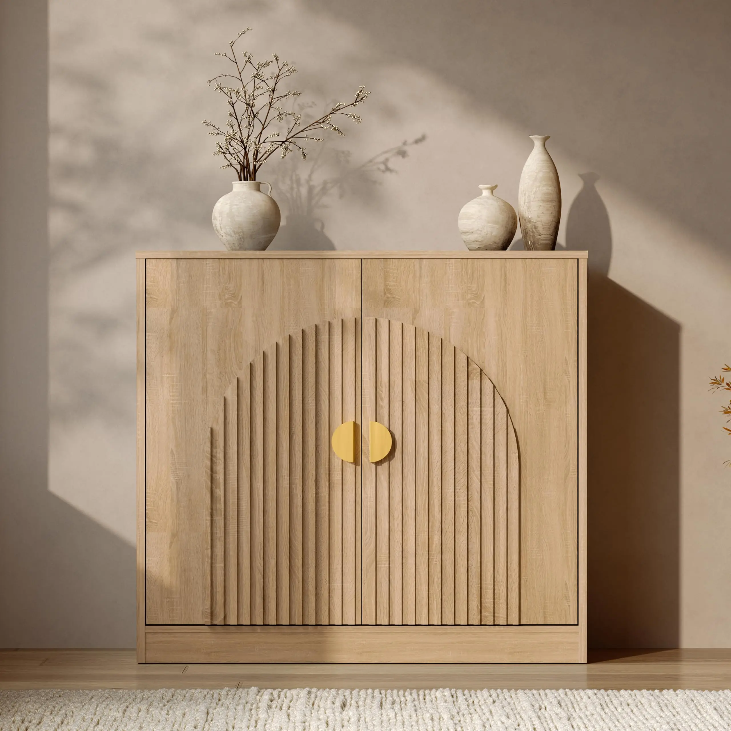 33 Inch Modern Fluted Buffet Cabinet with Storage, Asymmetric Arch Sideboard Cabinet, Wood Accent Cabinet Console Table
