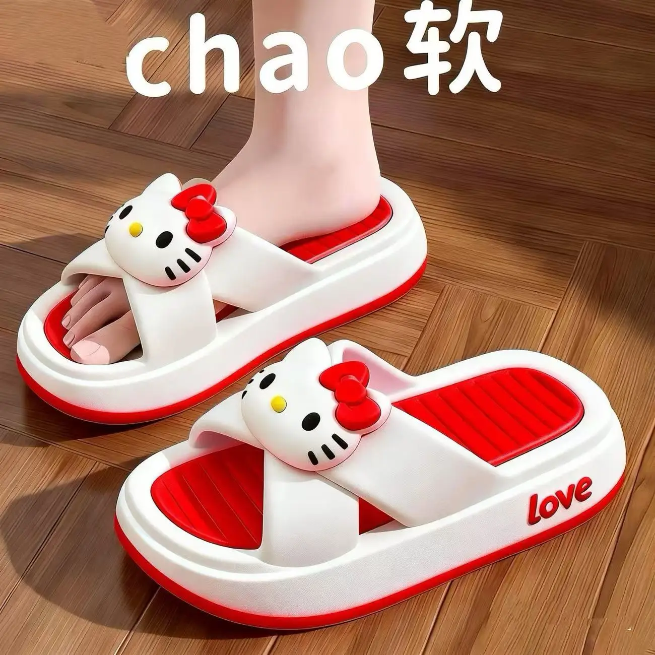 

real photos 2026 summer new Sanrio hello kitty caroon sweet cute lovely good quality women girls pink black red fashion slippers