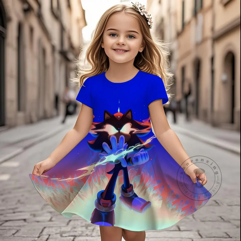 

2025 Summer Girls Cute Cartoon Sonic Dress Fashion Trend Dress Children's Daily Casual Fashion Short Sleeve Clothing Set