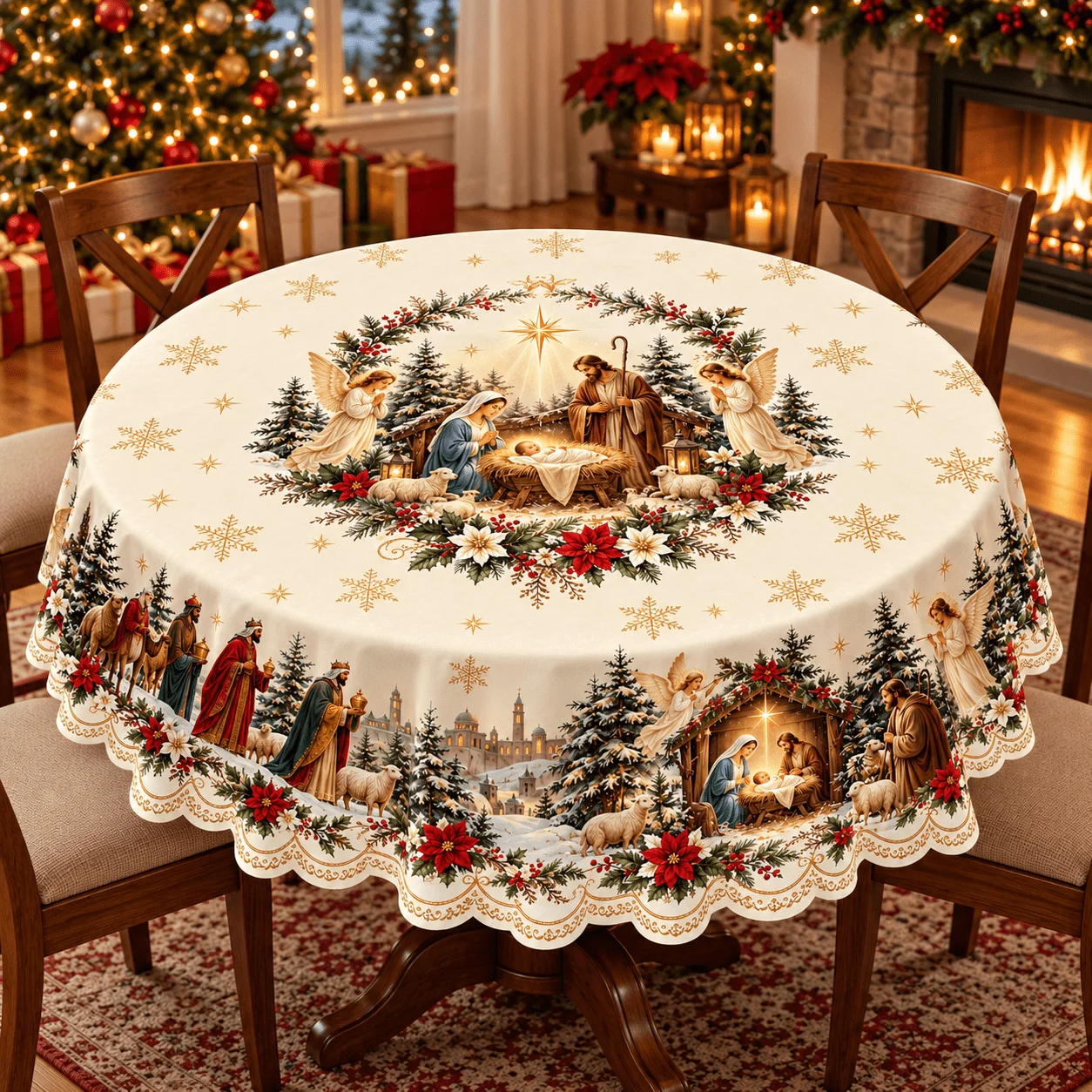 1 round tablecloth, Christmas nativity theme polyester tablecloth, Holy Family Manger snow print design