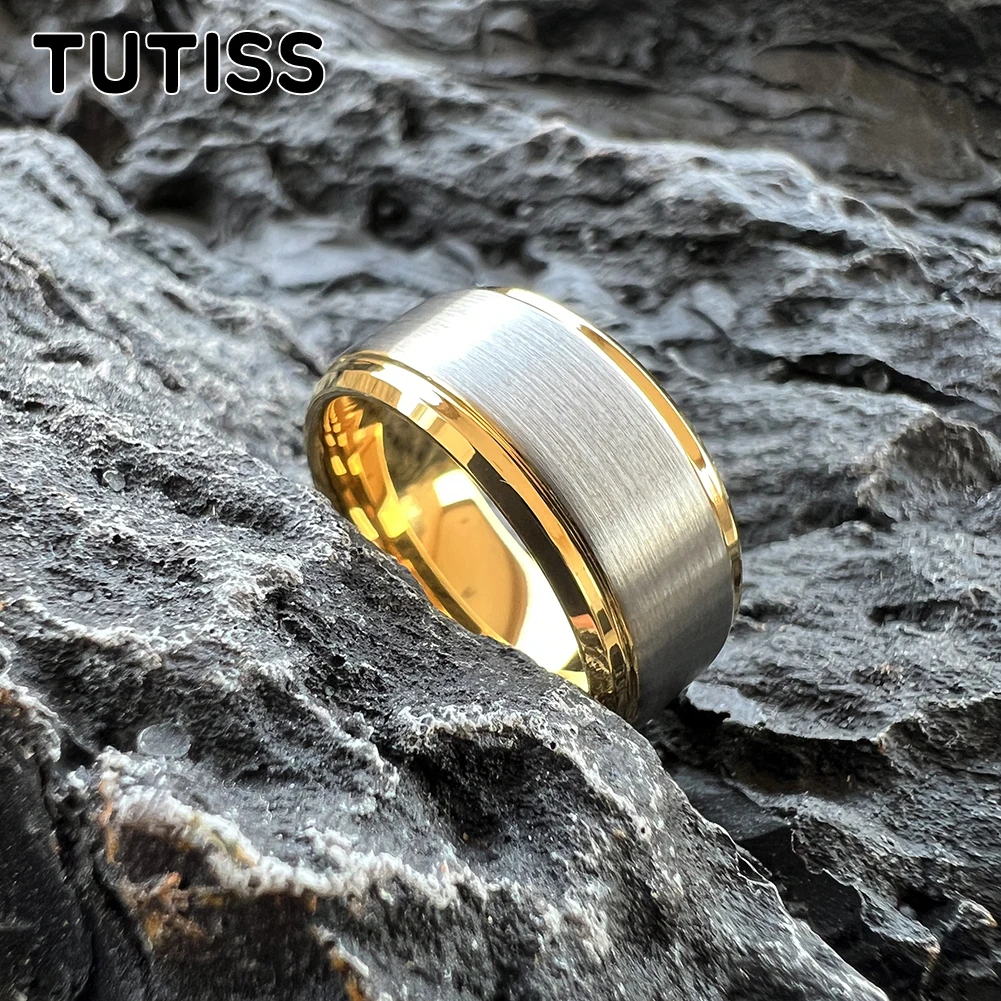 TUTISS 10MM Classic Men Ring Women Tungsten Wedding Band Stepped Beveled Brushed Finish Comfort Fit Size 7-15