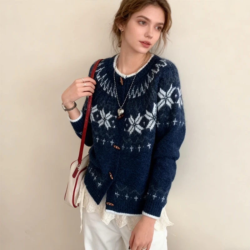 

Autumn Fashion O Neck Loose Jacquard Cardigan Elegant Button Sweater Casual Long Sleeve Knitted Jackets Korean Style Knitwear