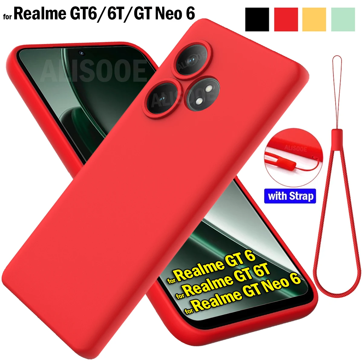 Silicone Funda for Realme GT 6 GT6 Global Vesion Case Liquid Silicone Strap Protection Cover for Realme GT 6T Neo 6 Case Capa