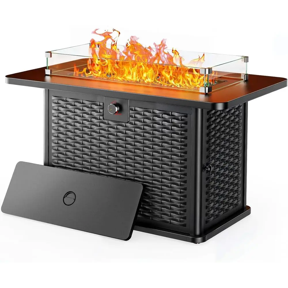 

43 Rectangular Outdoor Propane Fire Pit Table with 60,000 BTU, Stainless Steel Burner, Glass Stones & Wind Guard