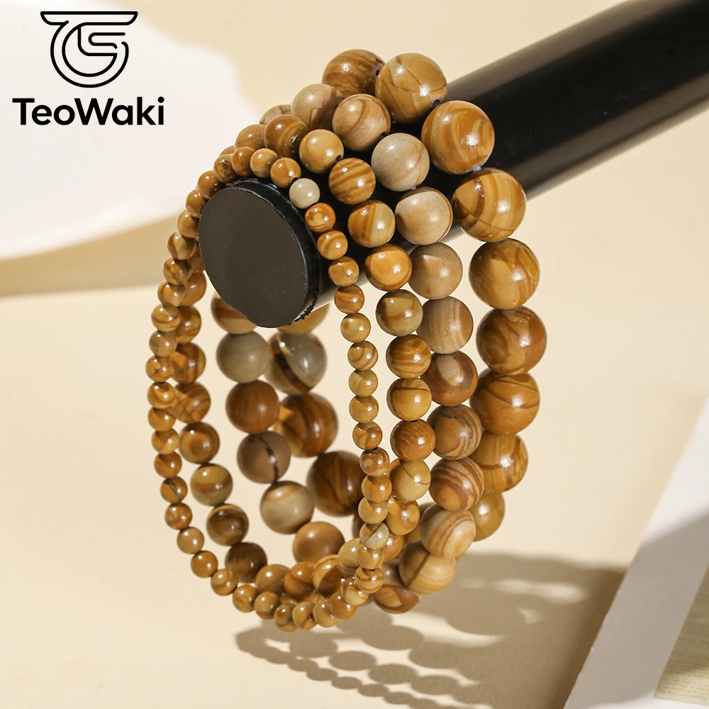 TeoWaki 4/6/8/10mm Natural Yellow wood Jasper Beaded Elastic Bracelet Bring lift low mood, restore energy and vitality Women Men