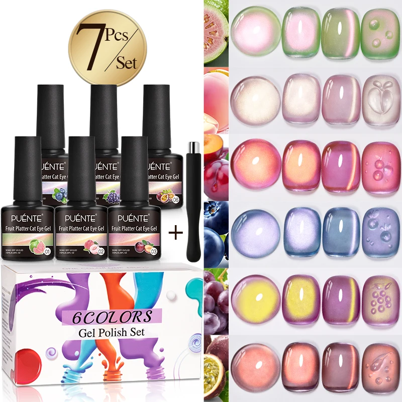 

PUENTE 6Pcs Fruit Series Cat Magnetic Gel Nail Polish Set With Magnet Summer Green Pink Cat Eye Gel Soak Off UV Gel Varnish Kit