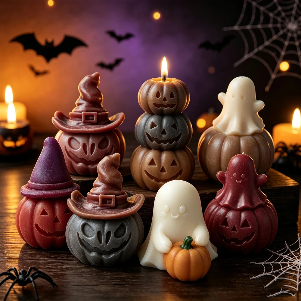 Halloween Pumpkin Candle Mold 2pcs Set Handmade Soap Aroma Candle Plaster Resin Silicone Molds Devil Pumpkin Ghost Candles Mould