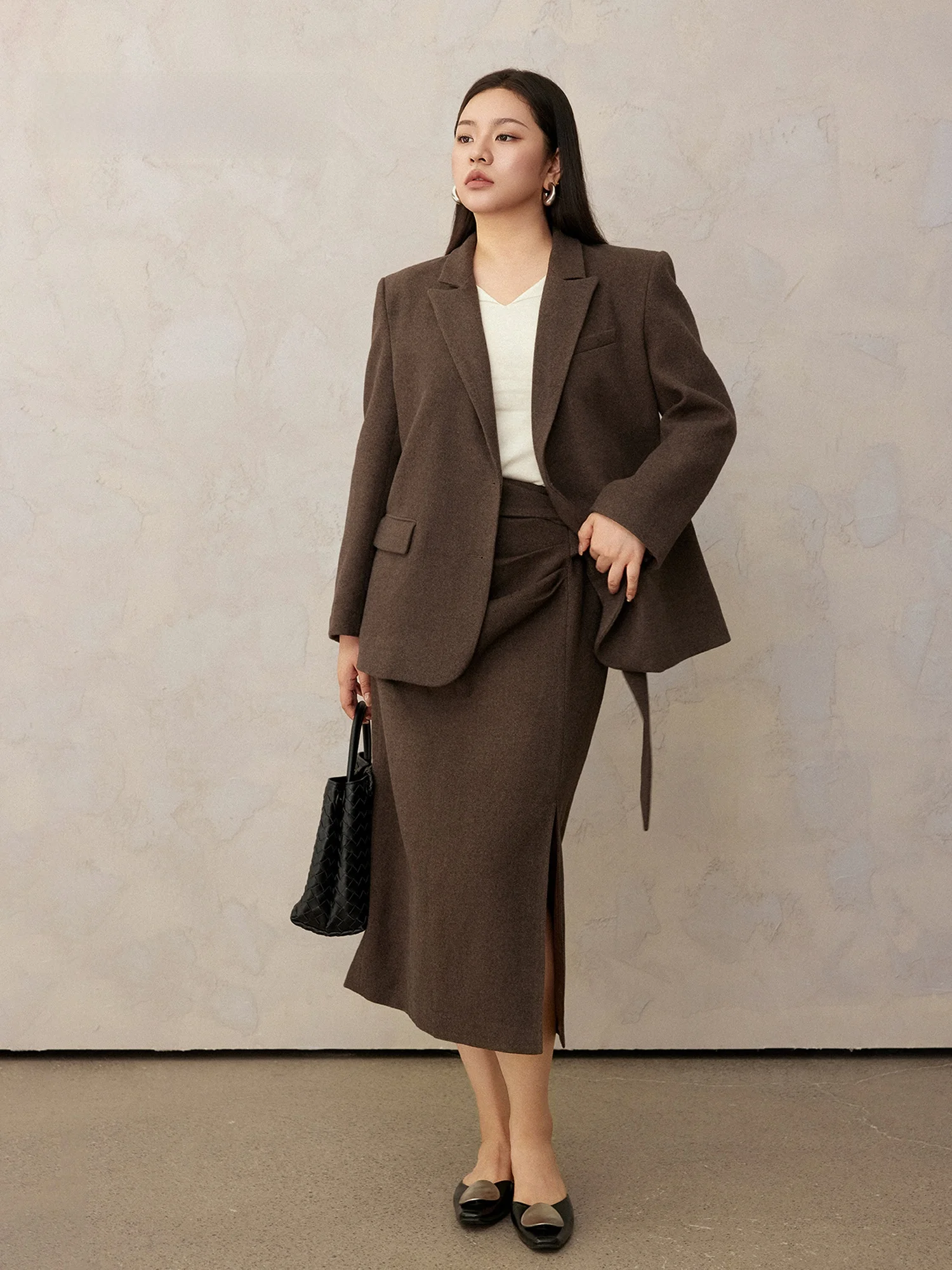 

Plusmall High-End Casual Faionable Loose Suit Jaet And Midi Skirt Two-Piece Set for Autumn Straight Cut Universal Size