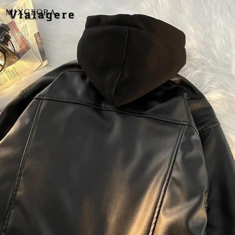 Women Motocycle Style Casual Y2K Hip-hop Faux Leather Jacket 2024 Summer Autumn  Vintage Black Long Sleeve Zipper Faux Jacket