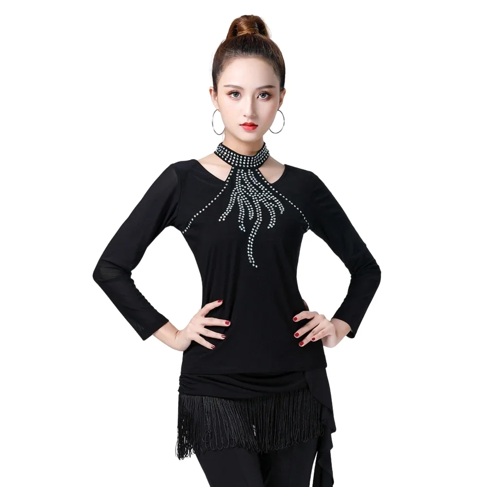 Dance Dress Women's Top Latin Line Short Sleeve Mesh Middle Sleeve Rhinestone Jazz Solid Color Competitive Top