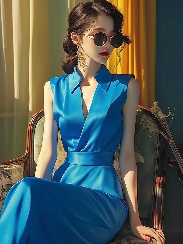 Nieuwe zomer elegante jurk damesmode satijnen revers mouwloze slanke taille sexy v-hals kantoor dame jurken effen kleur vestidos