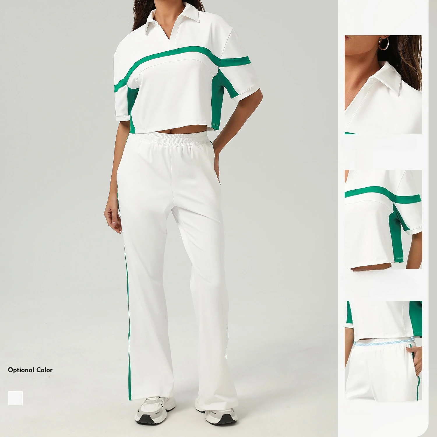 Greenora 2PCS Set Women Sporty Crop Polo Shirts Wide Leg Sweatpants Tracksuit Aesthetic Casual Jogging Matching Lounge Outfits