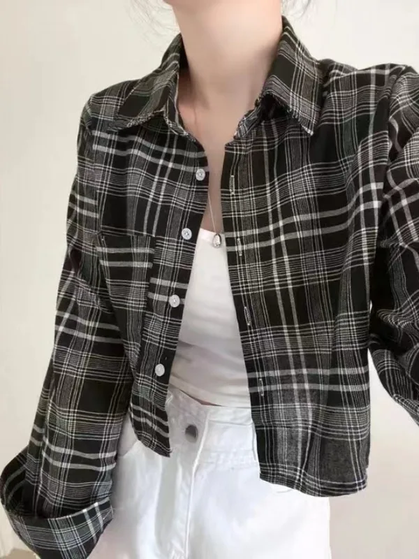 Chic Spring Summer Anti-Aging Long Sleeve Short Plaid Shirt Women Loose Thin Sun Protection Cardigan Outerwear Korean Style