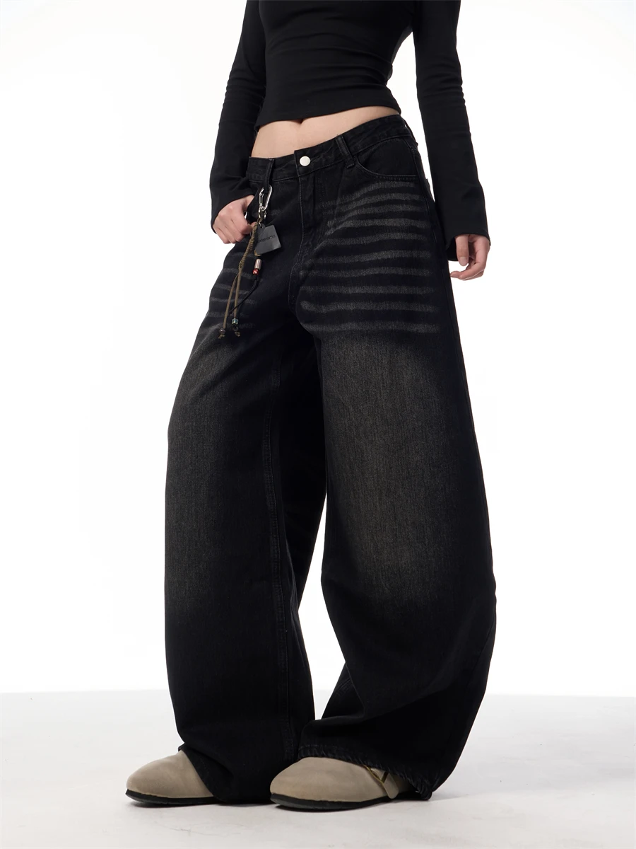 

Spring New American Retro Washed Black Straight Leg Denim Jeans Women Loose Drapey Wide Leg Pants Casual High Waist Trousers