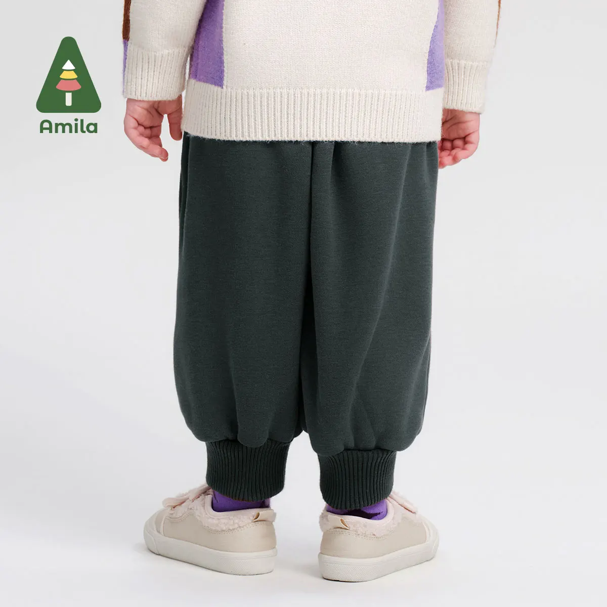 Amila Baby Pants 2024 Winter New Style Boys And Girls Solid Color One-Piece Velvet Warm Skin-Friendly Children's Casual Pants