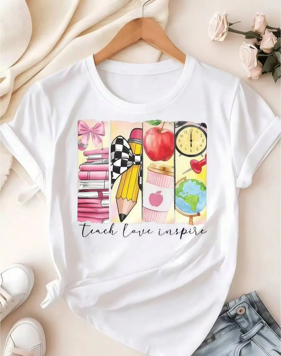 Vacation‑Vibe Women Short‑Sleeve T‑Shirt Crew Neck Beach Postcard Pattern Print Cream Summer Daily Wear Tops