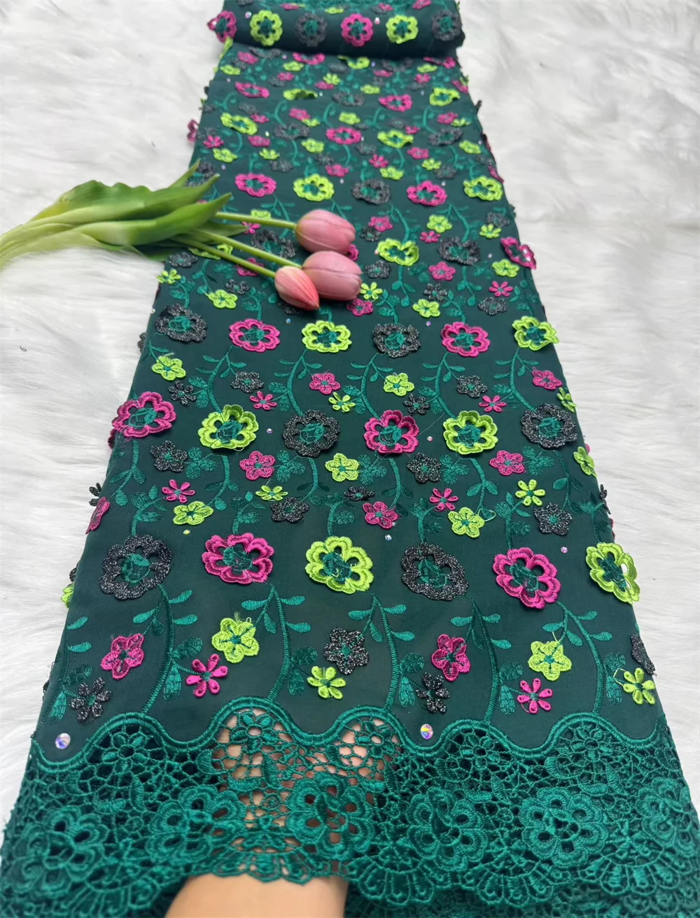 

3D French Mesh Chiffon Wedding Embroidery African Lace Fabric 2025 High Quality 5Yard Green Chiffon Lace Fabric Material H142-1