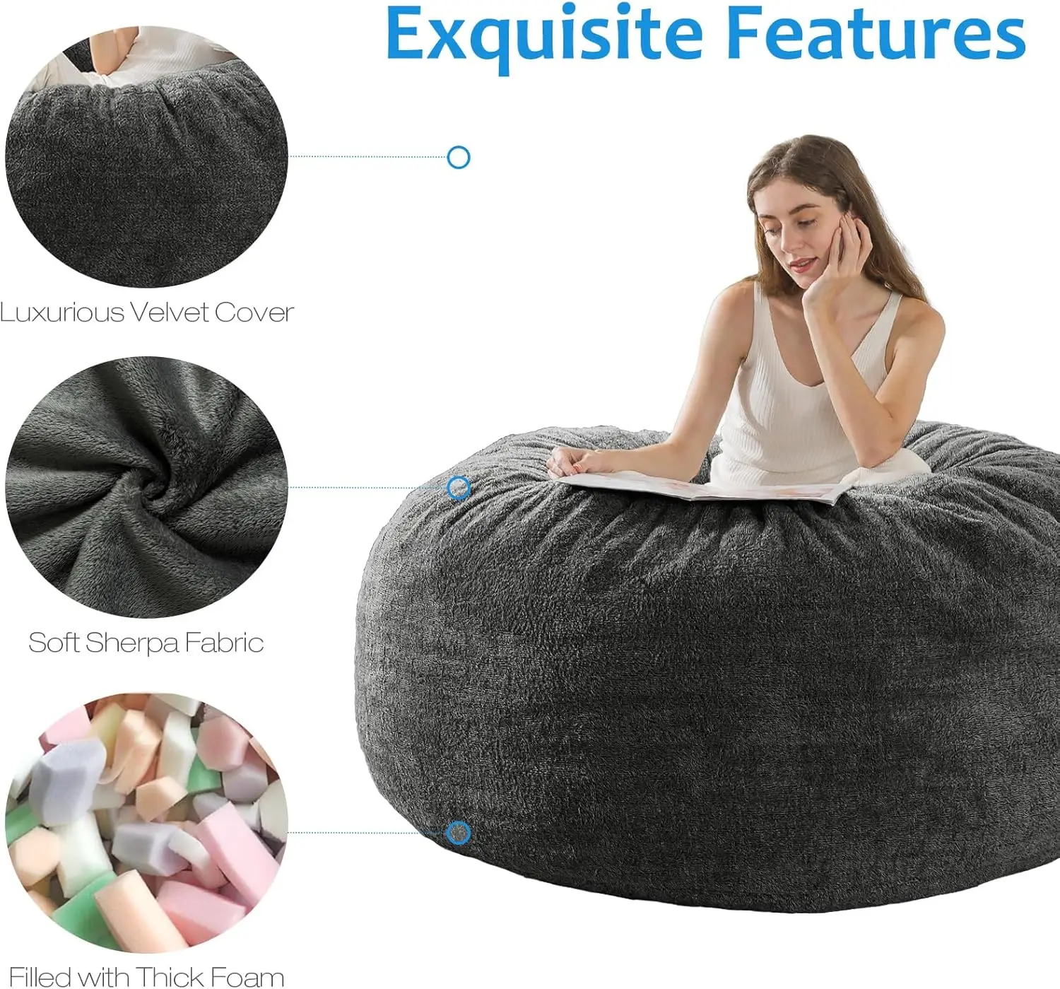 Cover] Large Bean Bag Chair: 4 ft Bean Bag Chairs for Adults/Kids with Filling,Ultra Soft Faux Fur Fabric,Memory Foam Bean Bag w