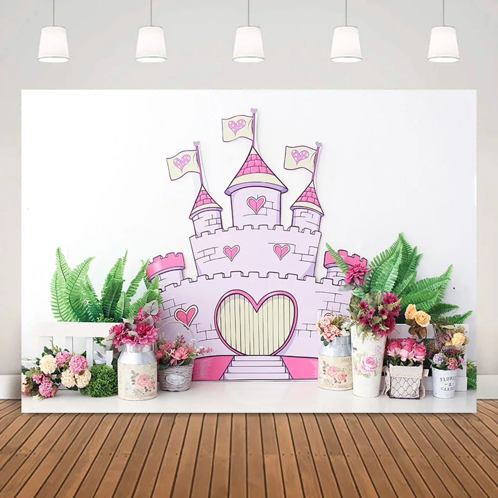 

Castle Themed Cake Smash Photography Background for Children Fairy Tales Princess Birthday Backdrop Flowers Portrait Photo Shoot