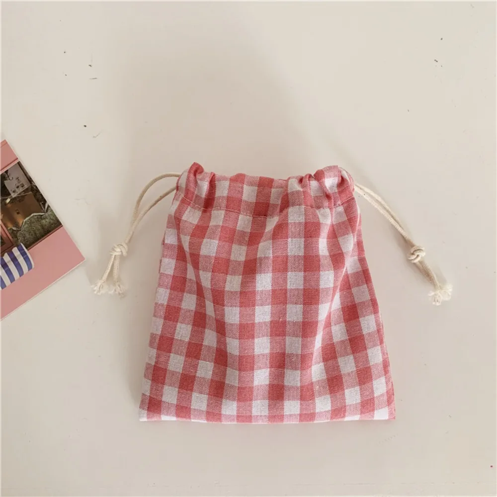 Linen Grids Drawstring Bag Storage Bag Pastoral Literary Style Makeup Bag Coin Purse Cosmetic Bag Jewelry Storage Bag daily