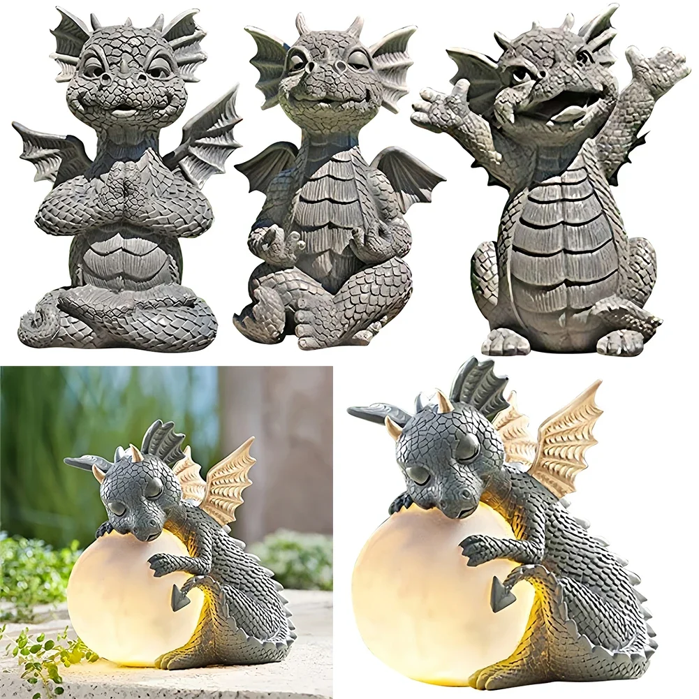 Garden Dragon Statue Adorable Baby Resin Dragon Figurine Ornament Gift Large Dragon Figurine with Lamp Sleeping Dragon Figurines