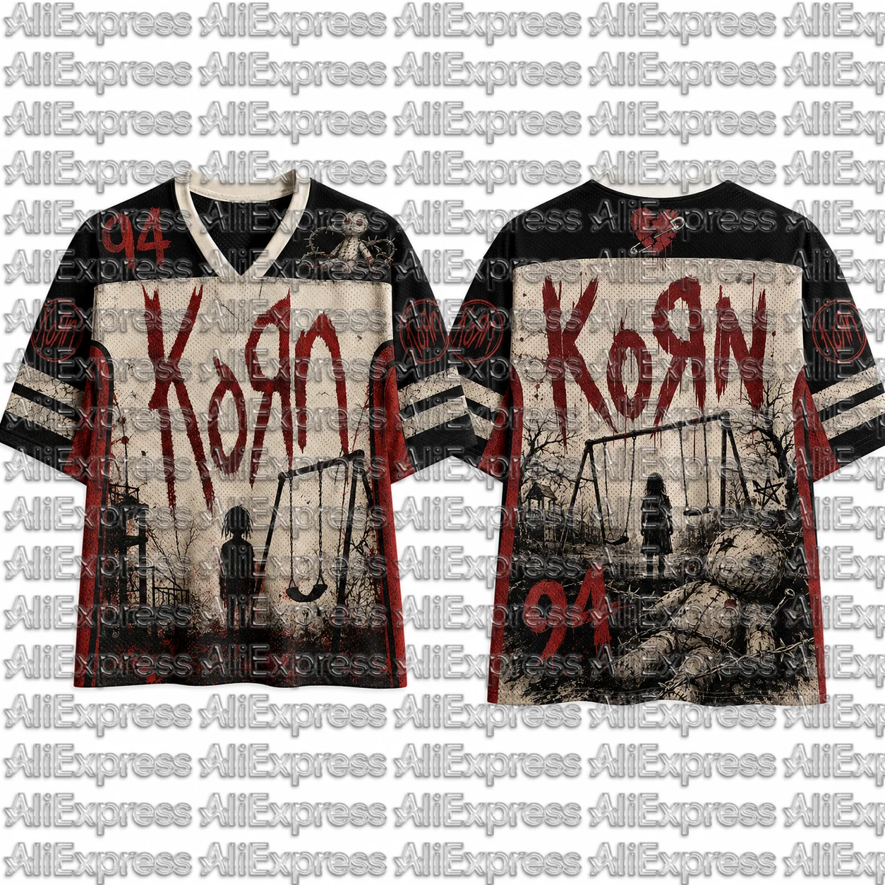 Korn Pattern Men's Mesh V-neck T-shirt Gothic Horror Retro Rock Neutral Street Sports Top