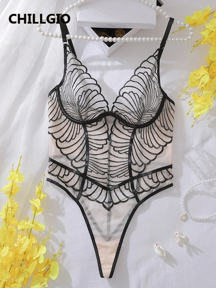 

CHILLGIO Women Sexy Transparent Strappy Rompers Lingerie Lace Onesie Deep V Catsuits Ins Bodycon One Piece Combination Bodysuits