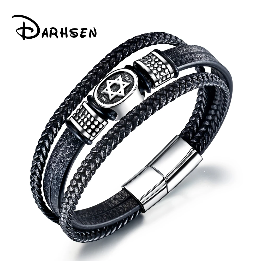 DARHSEN Men Black Fiber Synthetic Leather Statement Wrap Bracelets Bangle Israel Star of David Hand Wristlet Fashion Jewelry