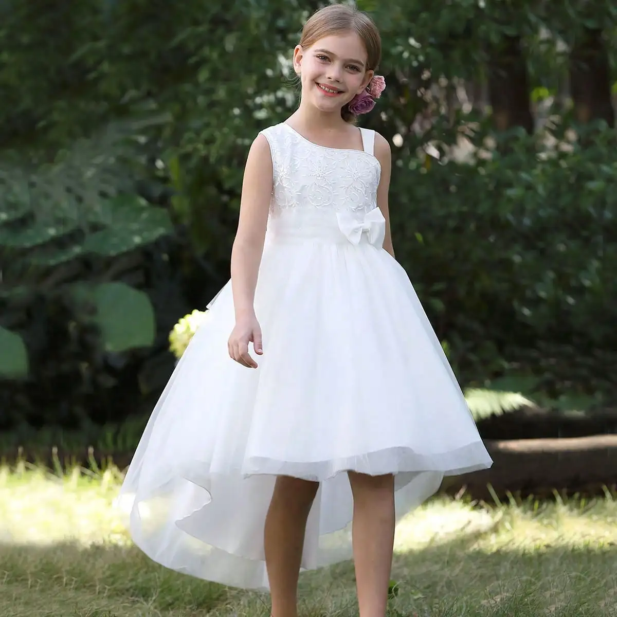 Summer New White Asymmetrical Shoulder Trailing Skirt With Embroidered Princess Pattern For Girls' Birthday Party