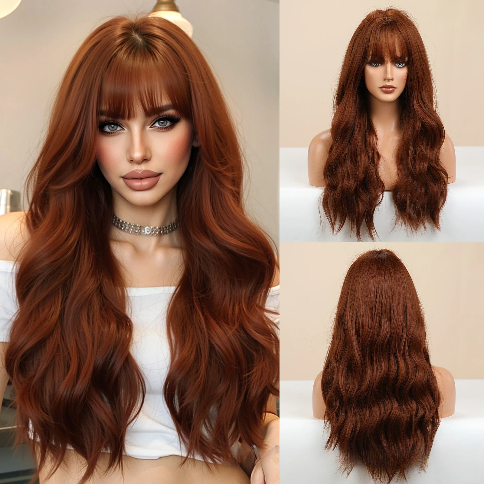 

Hot-selling burgundy air bangs long curly hair cosplay high temperature silk European and American wigs women's full headgear fl