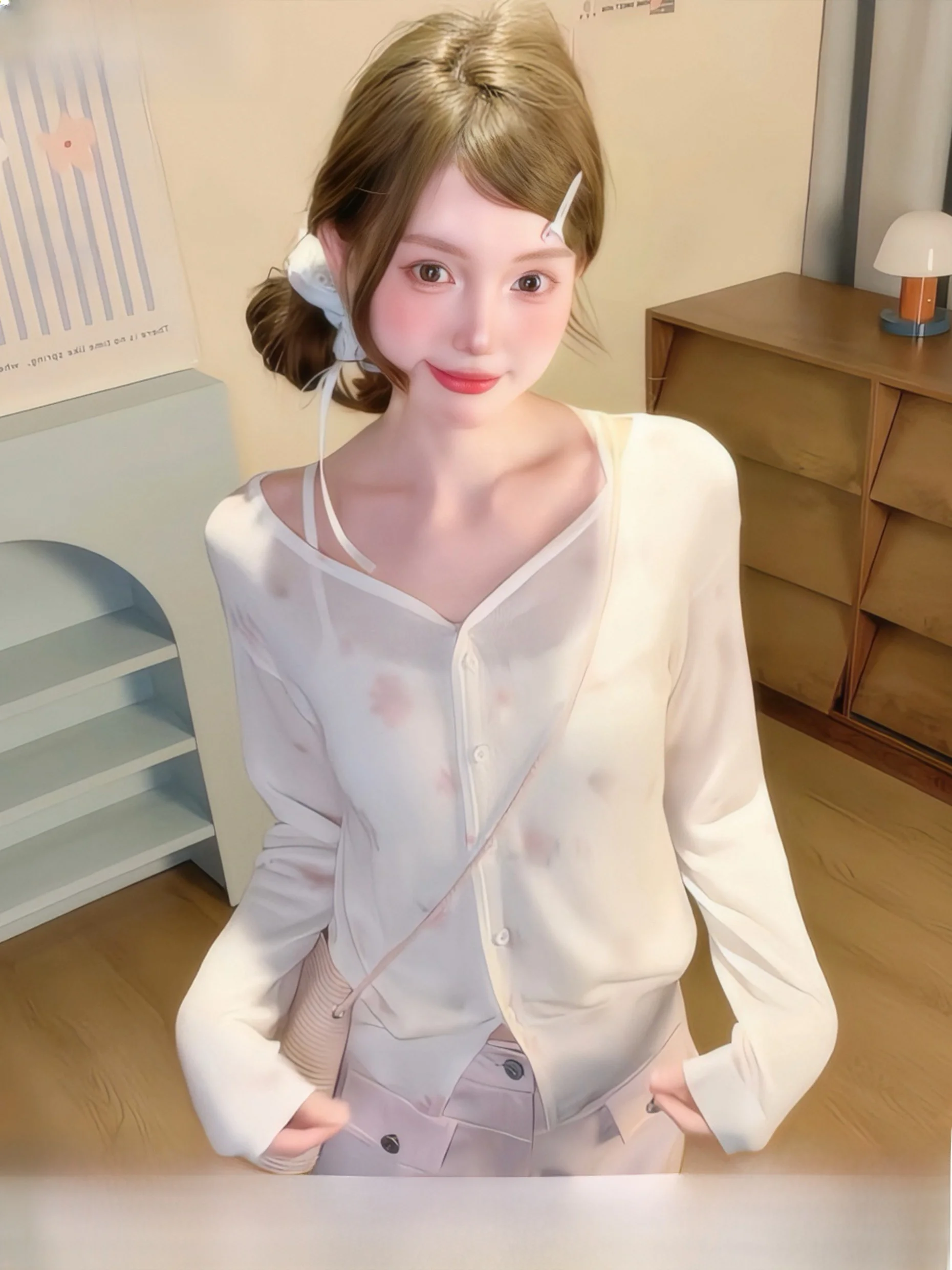 

Umoumo Summer Lacy Korean Sle Sweet Light Weight Floral Print Knitted Sweater V-Ne Small Open Cardigan Women's Faion