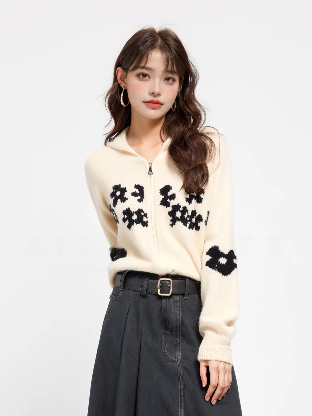 

Linen Floral Print Turn-down Collar Knitted Sweater Casual All-match Open Cardigan Top for Women Korean Style Lazy Fashion