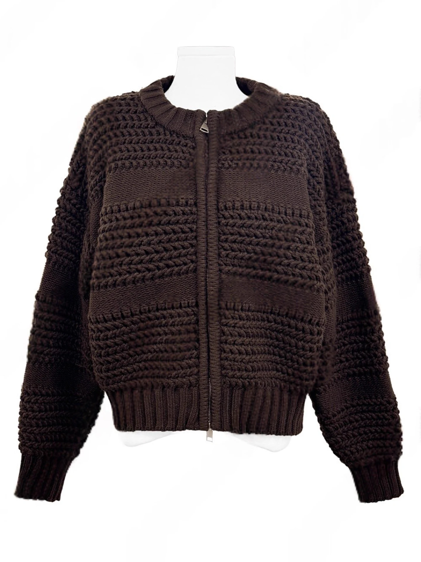 เสื้อโค้ทไหมพรมถักแบบมีซิปสไตล์เรโทรสำหรับผู้หญิง รุ่นใหม่สำหรับฤดูหนาว ดีไซน์อเนกประสงค์ แขนยาว คอกลม แฟชั่น