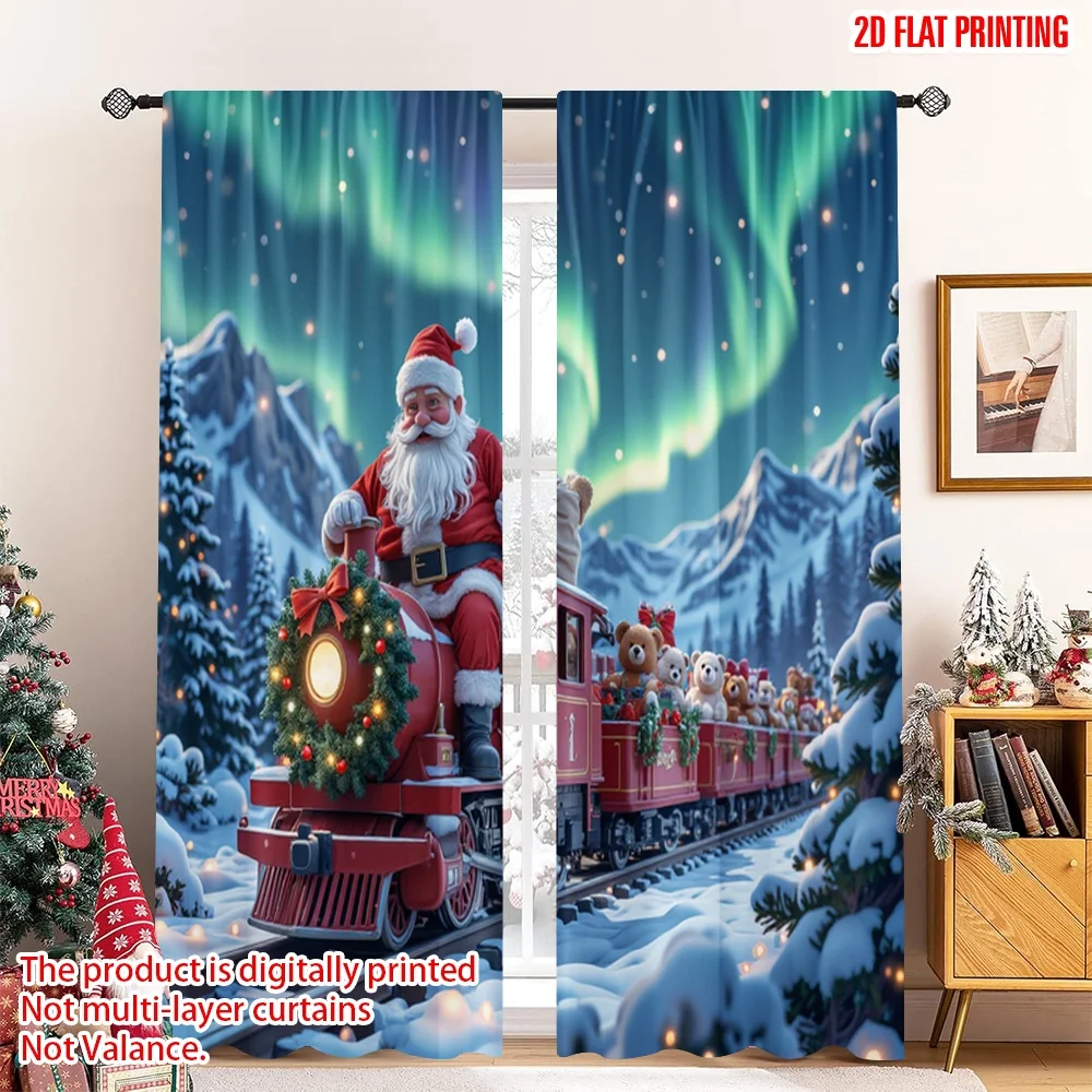 

2pcs 2D flat printing Christmas Curtain Santa Train Teddy Bears Gifts Polyester Without Electricity 0 Perfect for Multipurpose