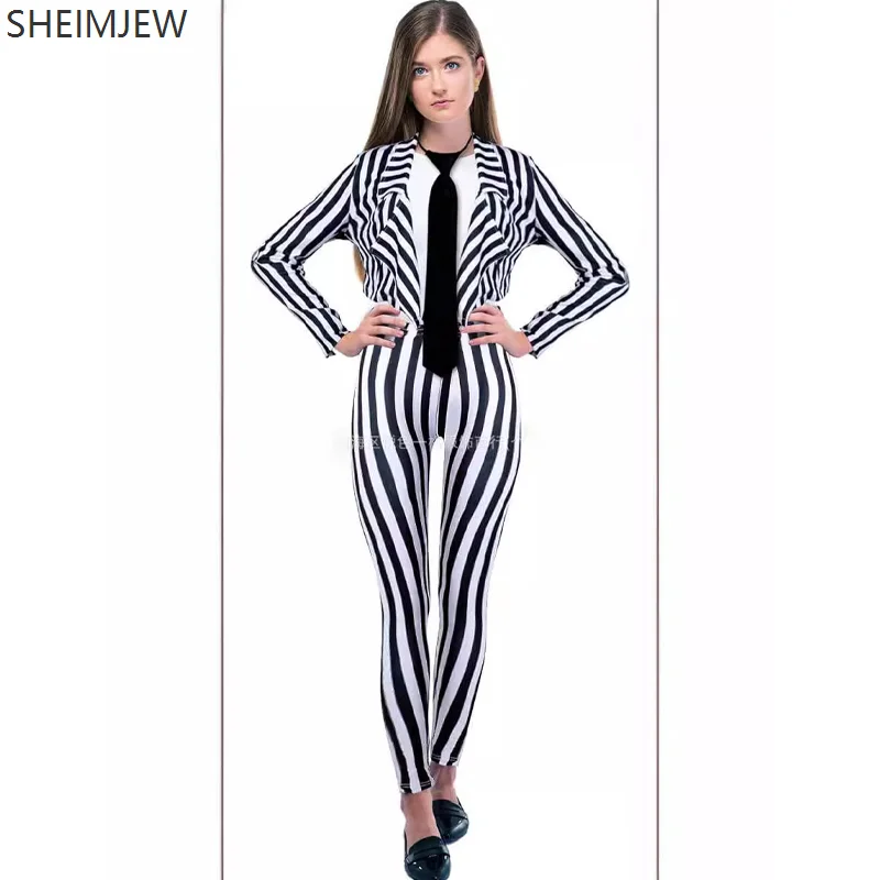 Halloween Horror Underworld Master Cosplay Costume Adult Women Black White Vertical Striped Fantasy Suit Carnival Party Dress Up