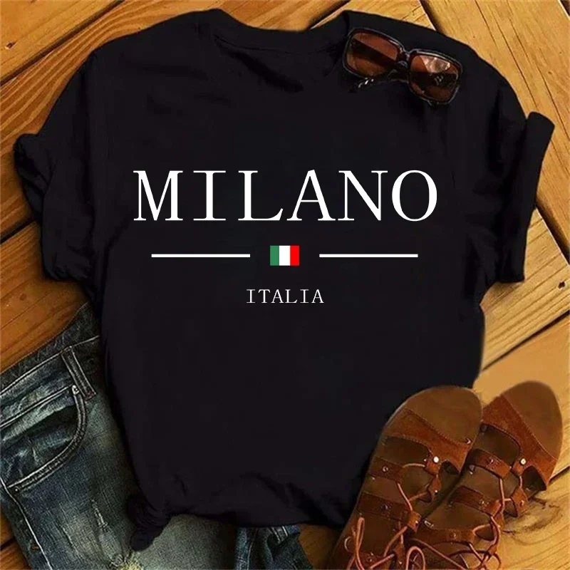 2024 Brand Women's Summer Milano Letters Print Y2k T-shirt Ladies Short Sleeved Luxury Tees Clothing Loose Pure Soft Tops